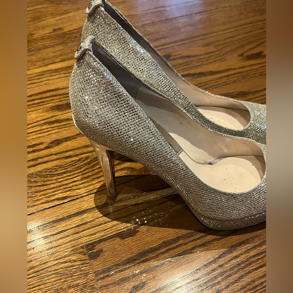 Michael Kors Glittering Silver Peep Toe Heels - Picture 8 of 15